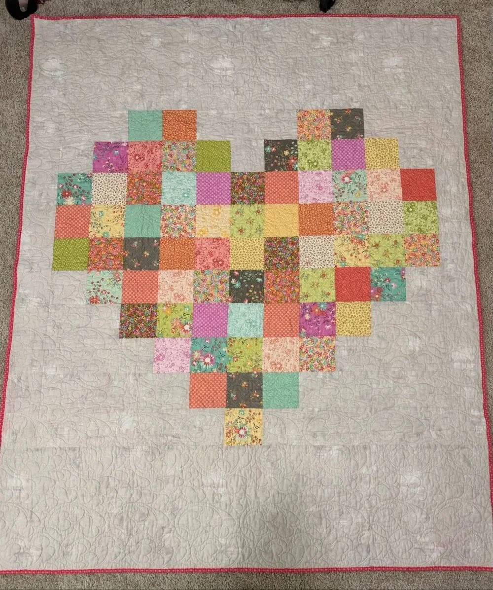 Handmade Heart Patchwork Quilt | Floral Cottagecore Throw | Pink & White Quilted